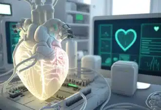 Un modèle de cœur humain en 3D posé sur un écran d'ordinateur portable.