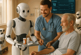 Robot humanoïde apportant des médicaments à un patient hospitalisé, aux côtés d’un infirmier, illustrant la complémentarité humain-machine dans les soins.
