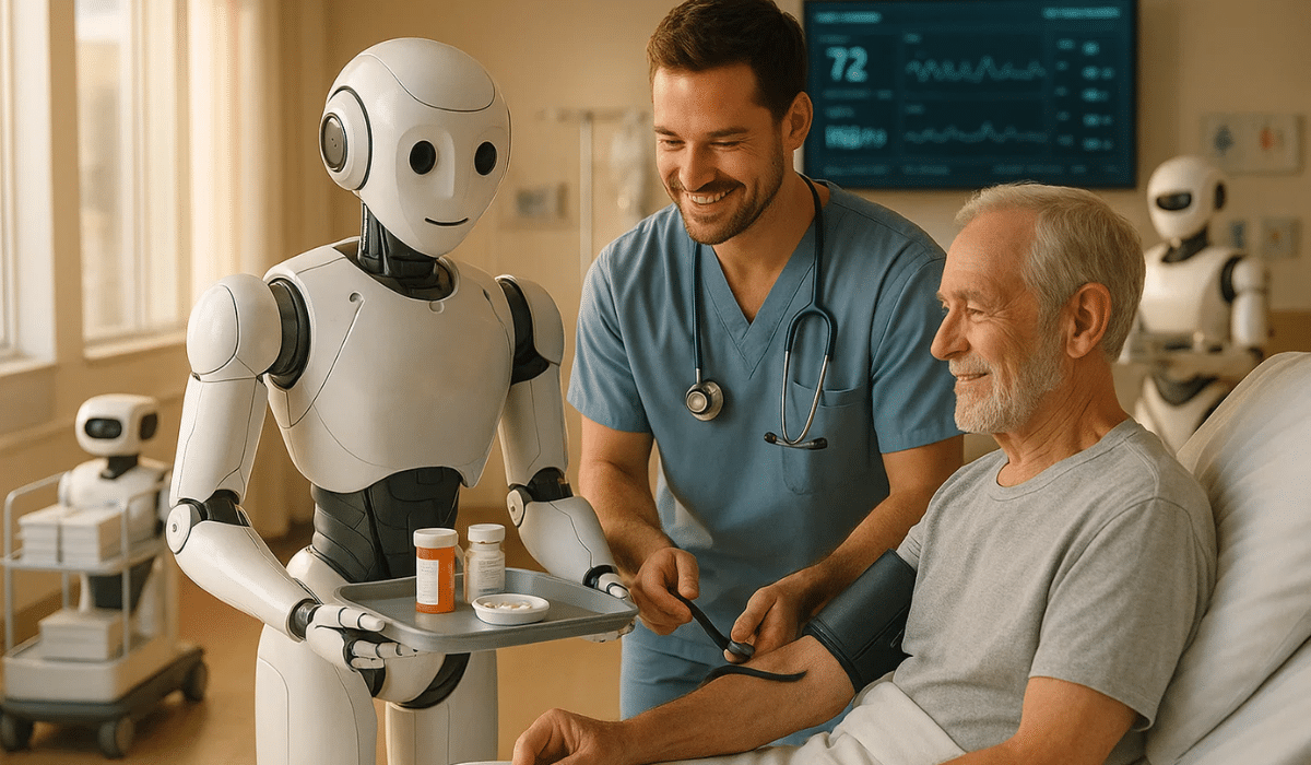 Robot humanoïde apportant des médicaments à un patient hospitalisé, aux côtés d’un infirmier, illustrant la complémentarité humain-machine dans les soins.