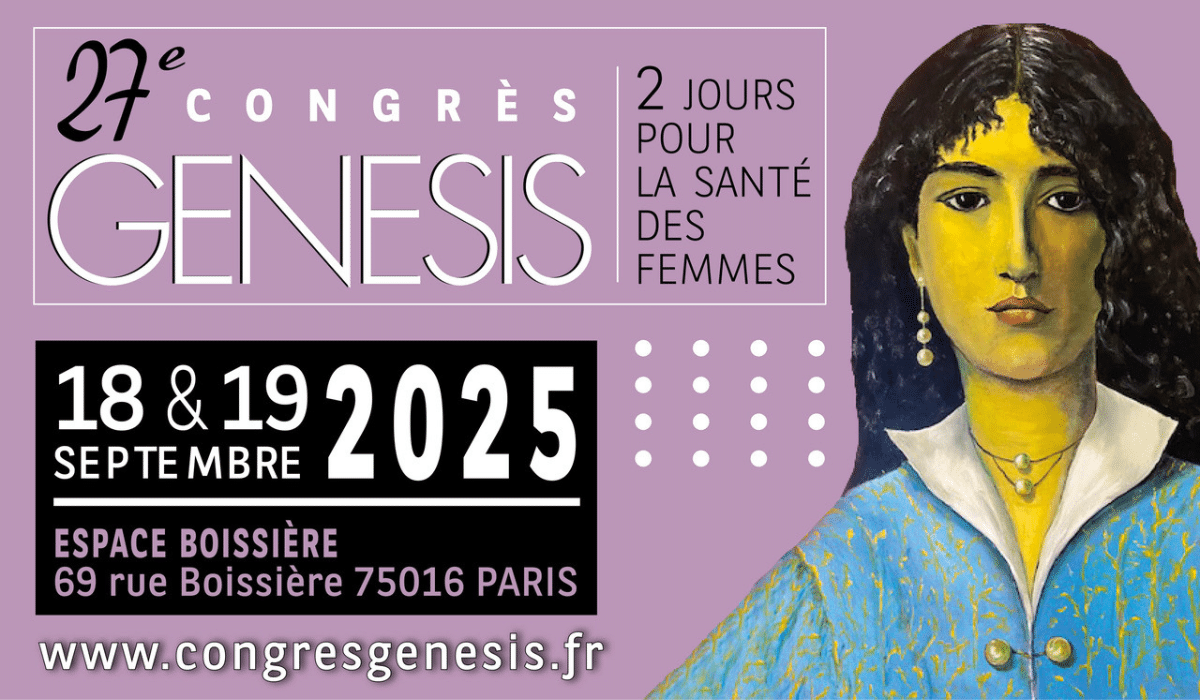 Affiche du 27e Congrès GENESIS sur la santé des femmes, les 18 et 19 septembre 2025 à Paris, Espace Boissière.