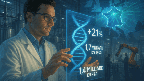 Scientifique en laboratoire observant des données sur la croissance des biotechs et medtechs françaises avec ADN et chiffres clés