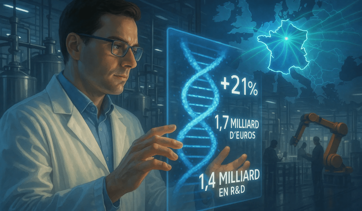 Scientifique en laboratoire observant des données sur la croissance des biotechs et medtechs françaises avec ADN et chiffres clés