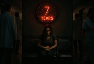 Femme en douleur assise dans un couloir d’hôpital sous une horloge rouge “7 years”, symbolisant l’errance médicale liée à l’endométriose.