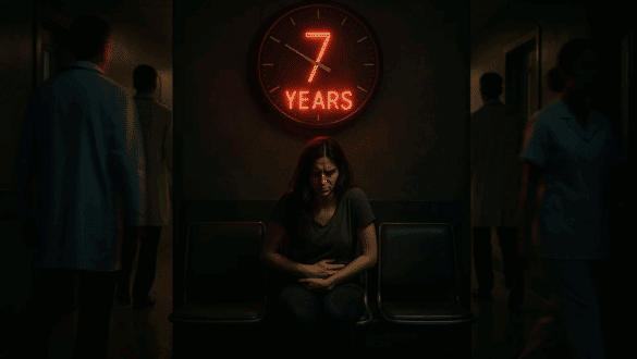 Femme en douleur assise dans un couloir d’hôpital sous une horloge rouge “7 years”, symbolisant l’errance médicale liée à l’endométriose.