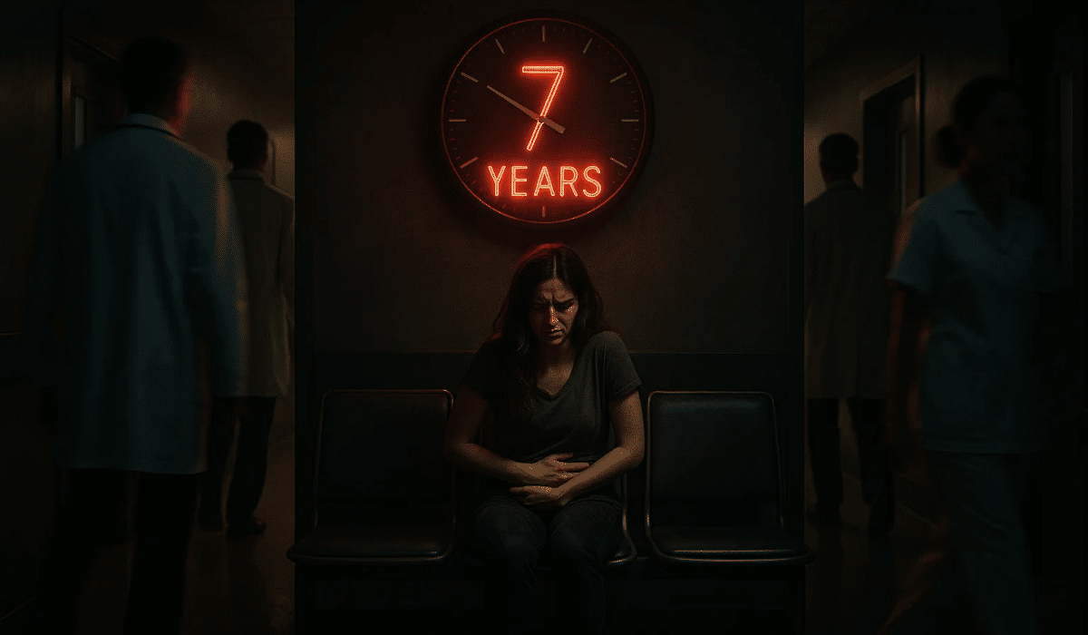 Femme en douleur assise dans un couloir d’hôpital sous une horloge rouge “7 years”, symbolisant l’errance médicale liée à l’endométriose.