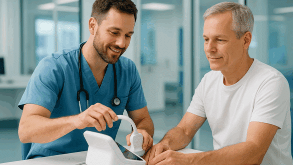 Un professionnel de santé teste un dispositif médical avec un patient dans un hôpital moderne, illustrant l’évaluation formative en santé.