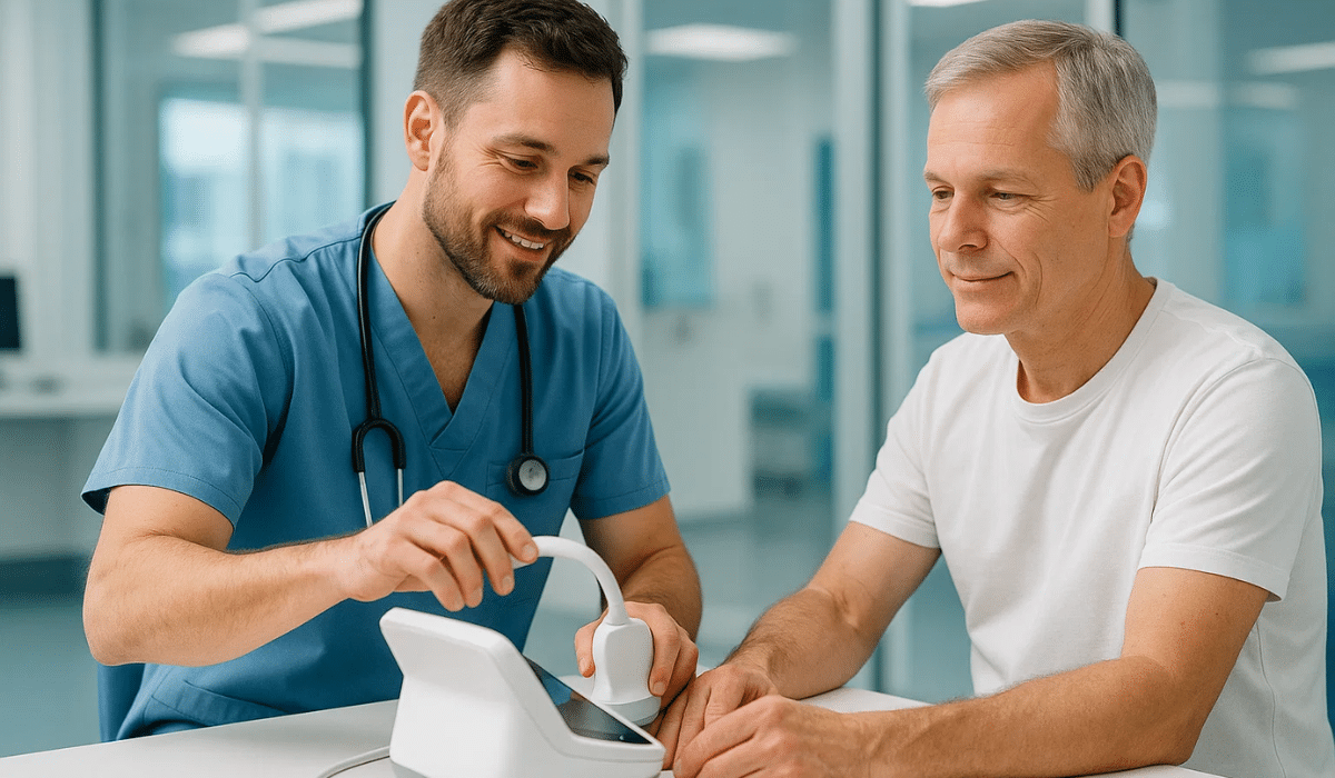 Un professionnel de santé teste un dispositif médical avec un patient dans un hôpital moderne, illustrant l’évaluation formative en santé.