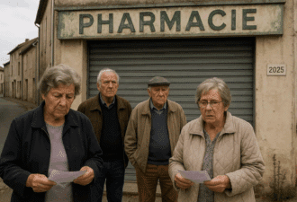 Habitants âgés devant une pharmacie fermée en zone rurale française, symbolisant la fermeture des petites officines et la difficulté d’accès aux soins.