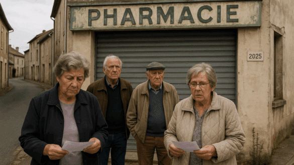 Habitants âgés devant une pharmacie fermée en zone rurale française, symbolisant la fermeture des petites officines et la difficulté d’accès aux soins.