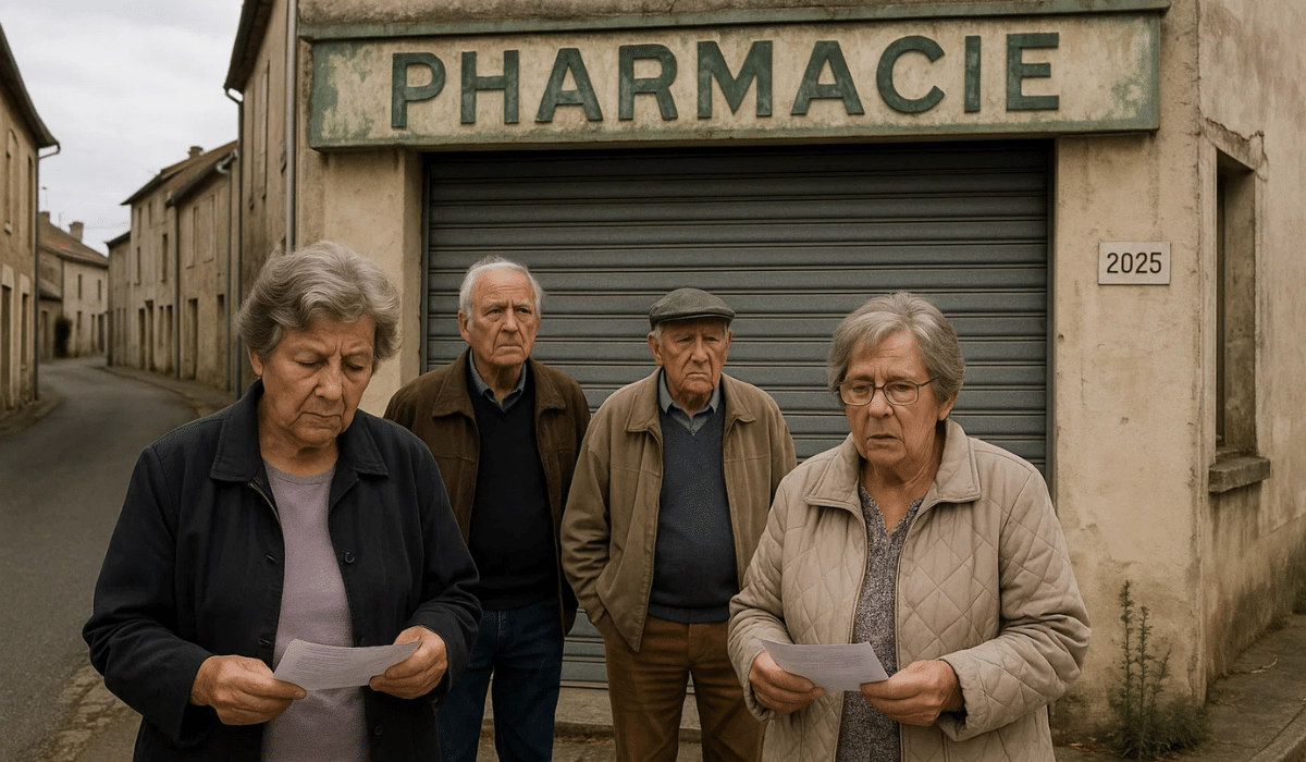Habitants âgés devant une pharmacie fermée en zone rurale française, symbolisant la fermeture des petites officines et la difficulté d’accès aux soins.
