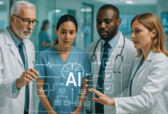 Médecins et soignants utilisant une interface numérique d’intelligence artificielle dans un hôpital, symbole d’IA responsable en santé.
