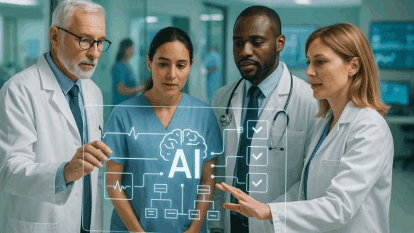Médecins et soignants utilisant une interface numérique d’intelligence artificielle dans un hôpital, symbole d’IA responsable en santé.