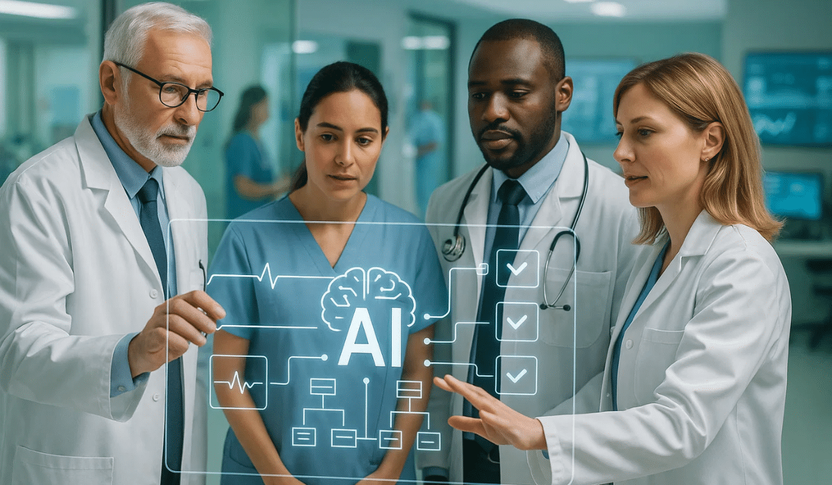 Médecins et soignants utilisant une interface numérique d’intelligence artificielle dans un hôpital, symbole d’IA responsable en santé.