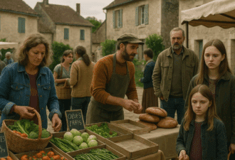 Marché rural en France avec un agriculteur vendant des légumes, œufs frais et pain à des habitants, illustrant l’accès à l’alimentation locale en 2025.