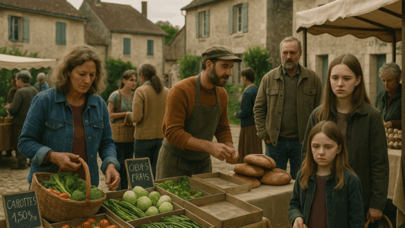 Marché rural en France avec un agriculteur vendant des légumes, œufs frais et pain à des habitants, illustrant l’accès à l’alimentation locale en 2025.