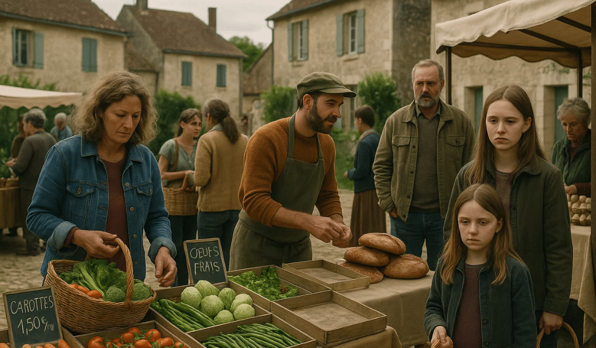 Marché rural en France avec un agriculteur vendant des légumes, œufs frais et pain à des habitants, illustrant l’accès à l’alimentation locale en 2025.
