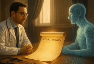 Un médecin discute avec une intelligence artificielle holographique autour d'une Constitution, symbolisant les règles éthiques et la collaboration homme-machine en santé.