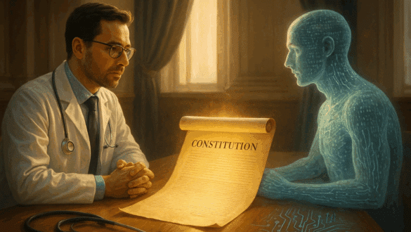Un médecin discute avec une intelligence artificielle holographique autour d'une Constitution, symbolisant les règles éthiques et la collaboration homme-machine en santé.