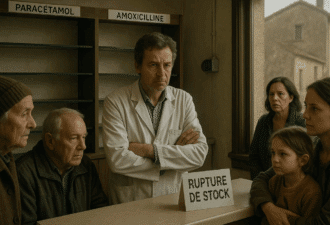 Pharmacien en blouse blanche devant des étagères vides de paracétamol et amoxicilline, entouré de patients inquiets, illustrant la pénurie de médicaments en France en 2025.