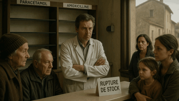 Pharmacien en blouse blanche devant des étagères vides de paracétamol et amoxicilline, entouré de patients inquiets, illustrant la pénurie de médicaments en France en 2025.