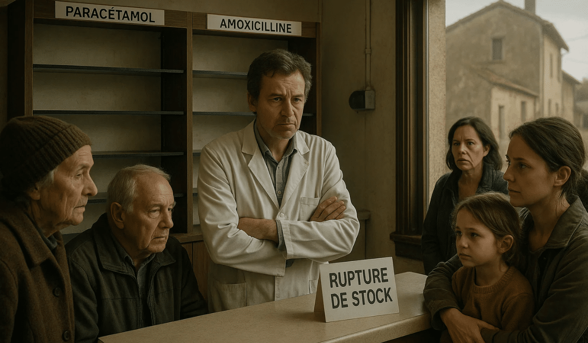Pharmacien en blouse blanche devant des étagères vides de paracétamol et amoxicilline, entouré de patients inquiets, illustrant la pénurie de médicaments en France en 2025.