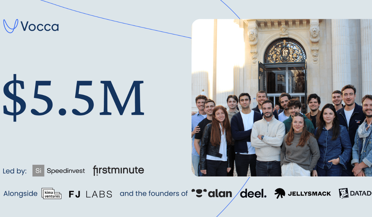 L’équipe de la startup Vocca après sa levée de fonds de 4,7 M€, soutenue par Speedinvest, firstminute capital et des investisseurs santé.