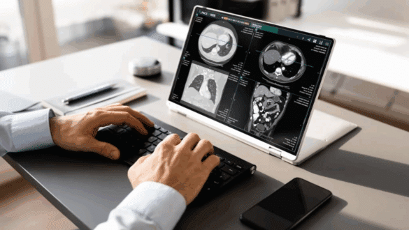 Radiologue rédigeant un compte rendu automatisé avec la solution Rayvolve d’AZmed intégrée au RIS