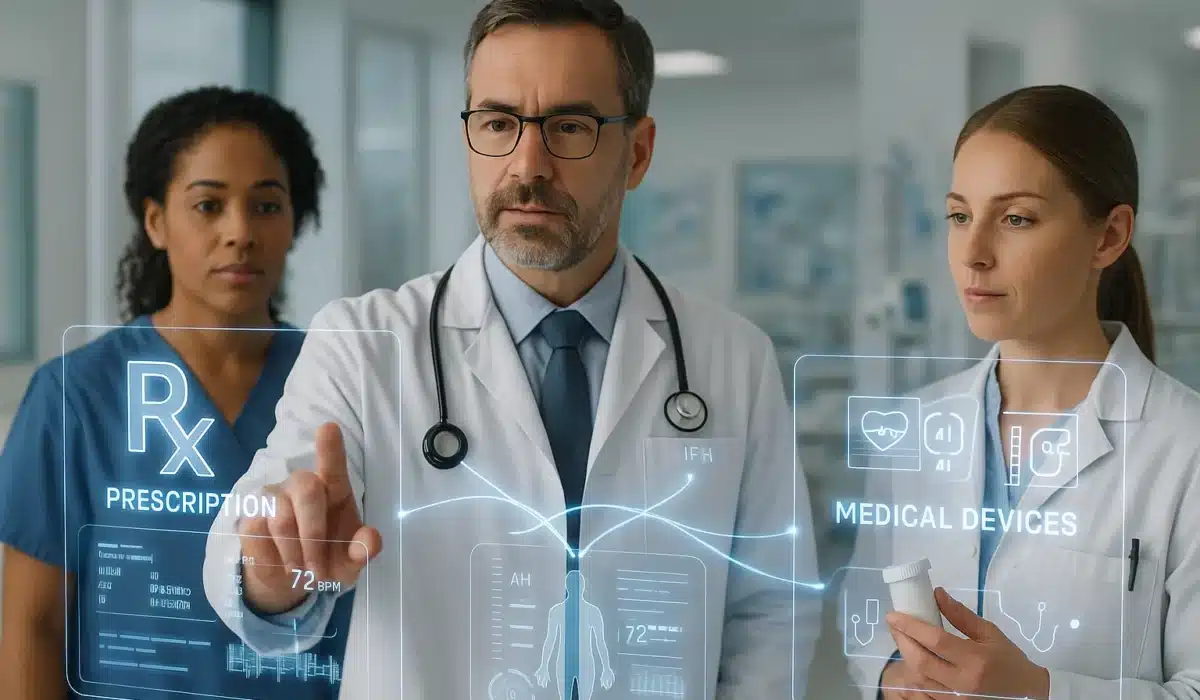 Médecins utilisant une interface numérique interactive pour la prescription et la gestion de dispositifs médicaux connectés dans un hôpital.