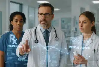 Médecins utilisant une interface numérique interactive pour la prescription et la gestion de dispositifs médicaux connectés dans un hôpital.