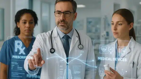 Médecins utilisant une interface numérique interactive pour la prescription et la gestion de dispositifs médicaux connectés dans un hôpital.