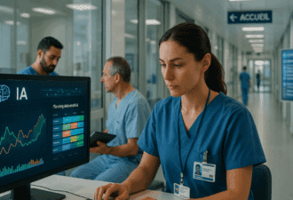 Infirmière utilisant une interface d’intelligence artificielle pour la planification des soins à l’hôpital Foch