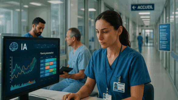 Infirmière utilisant une interface d’intelligence artificielle pour la planification des soins à l’hôpital Foch