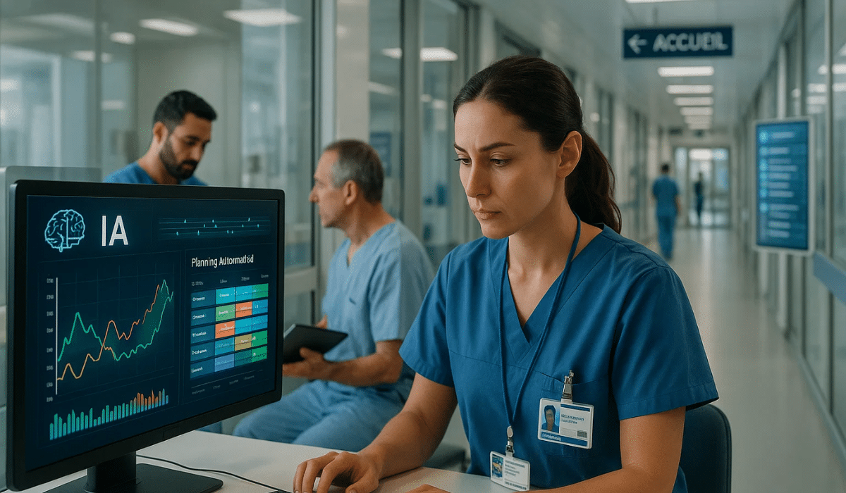 Infirmière utilisant une interface d’intelligence artificielle pour la planification des soins à l’hôpital Foch