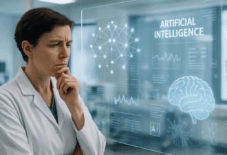 Une professionnelle de santé réfléchit face à un écran affichant des données d’intelligence artificielle, symbolisant la réflexion sur l’utilité réelle de l’IA en santé.