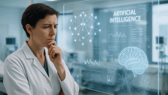 Une professionnelle de santé réfléchit face à un écran affichant des données d’intelligence artificielle, symbolisant la réflexion sur l’utilité réelle de l’IA en santé.