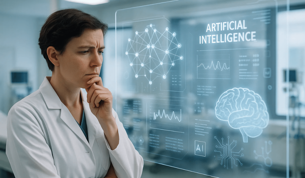Une professionnelle de santé réfléchit face à un écran affichant des données d’intelligence artificielle, symbolisant la réflexion sur l’utilité réelle de l’IA en santé.