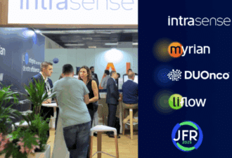 Stand Intrasense aux JFR 2025 présentant les solutions Myrian, DUOnco et Liflow en imagerie oncologique et intelligence artificielle