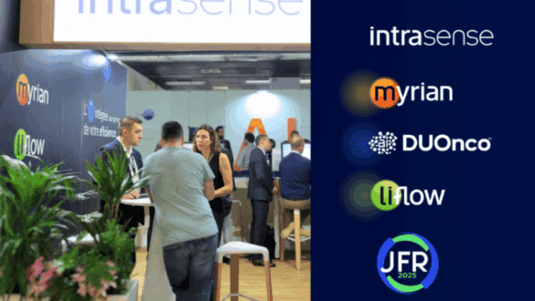 Stand Intrasense aux JFR 2025 présentant les solutions Myrian, DUOnco et Liflow en imagerie oncologique et intelligence artificielle