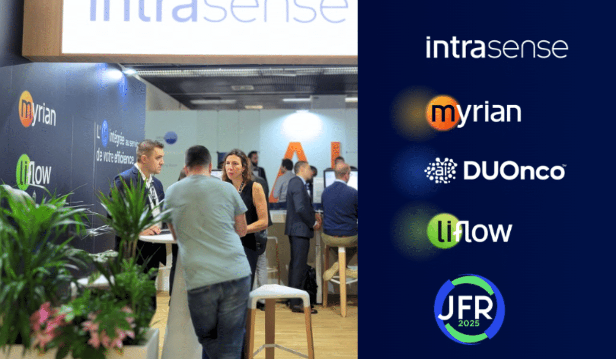 Stand Intrasense aux JFR 2025 présentant les solutions Myrian, DUOnco et Liflow en imagerie oncologique et intelligence artificielle