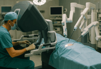 Chirurgien contrôlant un robot chirurgical dans un bloc opératoire moderne, illustrant l’évolution de la robotique médicale en France.