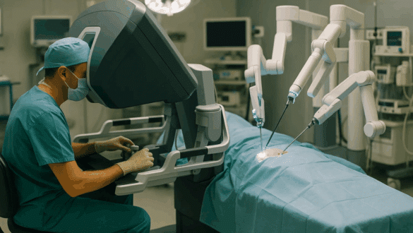 Chirurgien contrôlant un robot chirurgical dans un bloc opératoire moderne, illustrant l’évolution de la robotique médicale en France.