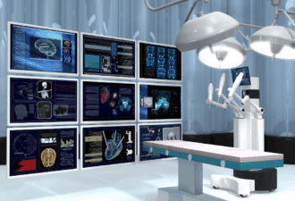 Salle d’opération digitalisée avec robot chirurgical et écrans de monitoring haute définition affichant des données médicales en temps réel — illustration d’un bloc opératoire connecté et assisté par l’intelligence artificielle en 2025.