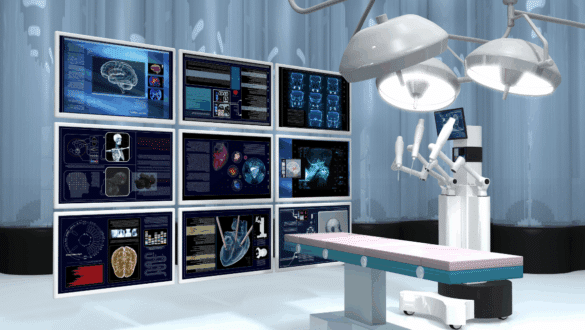 Salle d’opération digitalisée avec robot chirurgical et écrans de monitoring haute définition affichant des données médicales en temps réel — illustration d’un bloc opératoire connecté et assisté par l’intelligence artificielle en 2025.