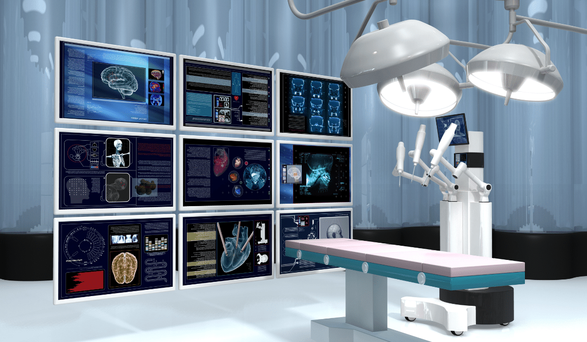 Salle d’opération digitalisée avec robot chirurgical et écrans de monitoring haute définition affichant des données médicales en temps réel — illustration d’un bloc opératoire connecté et assisté par l’intelligence artificielle en 2025.
