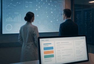 Deux professionnels hospitaliers analysent un tableau numérique représentant l’interopérabilité et les flux du DPI Ségur V2 dans un environnement technique sécurisé.