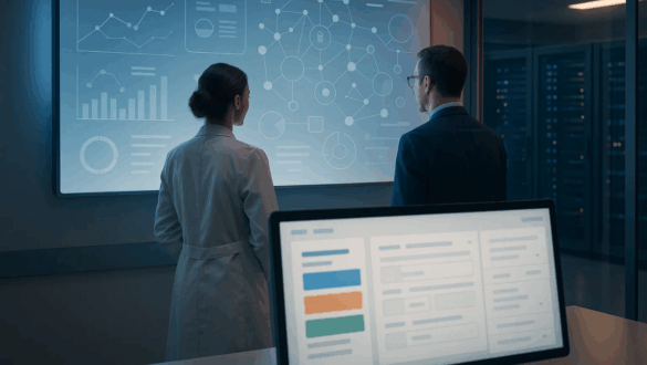 Deux professionnels hospitaliers analysent un tableau numérique représentant l’interopérabilité et les flux du DPI Ségur V2 dans un environnement technique sécurisé.