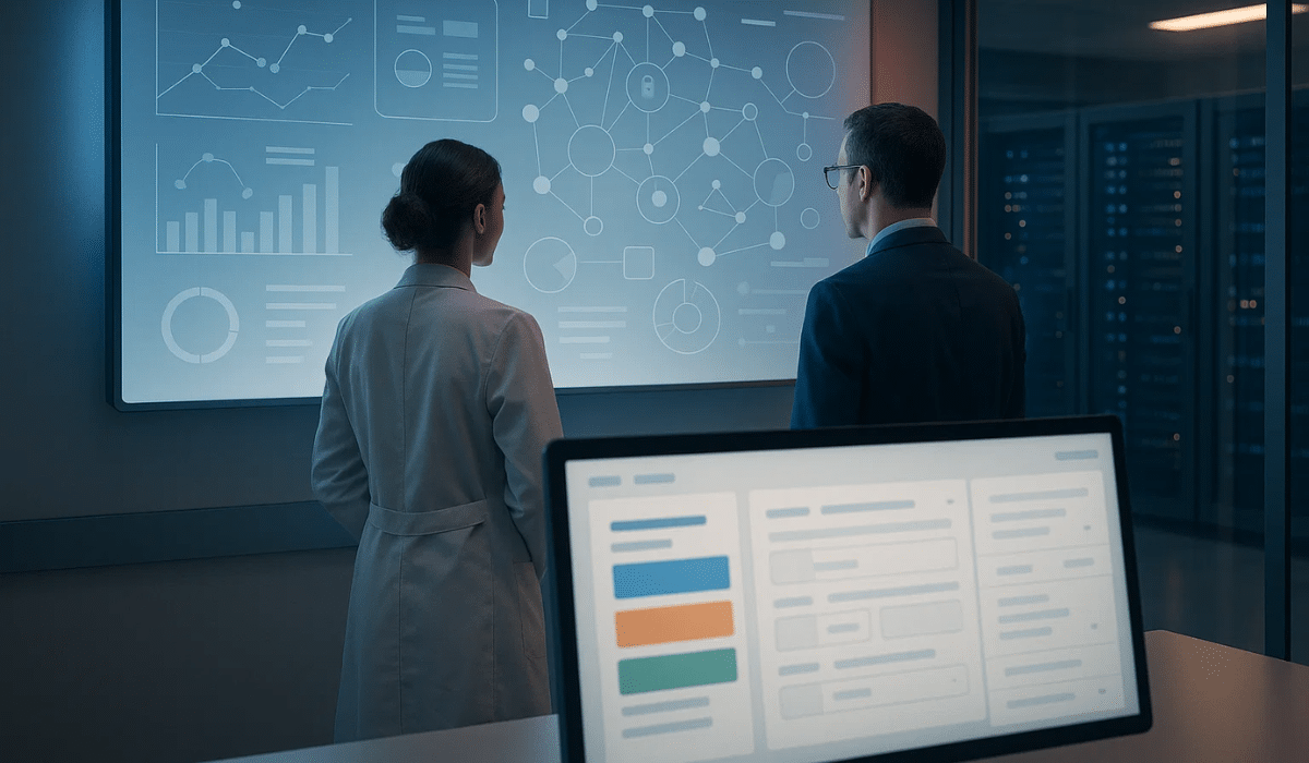 Deux professionnels hospitaliers analysent un tableau numérique représentant l’interopérabilité et les flux du DPI Ségur V2 dans un environnement technique sécurisé.