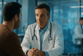 Médecin en consultation avec un patient, assisté par une interface d’intelligence artificielle holographique dans un hôpital moderne — illustration de l’intégration de l’IA dans le soin clinique en 2025.