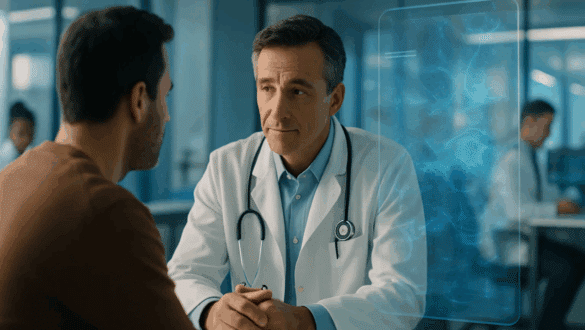 Médecin en consultation avec un patient, assisté par une interface d’intelligence artificielle holographique dans un hôpital moderne — illustration de l’intégration de l’IA dans le soin clinique en 2025.