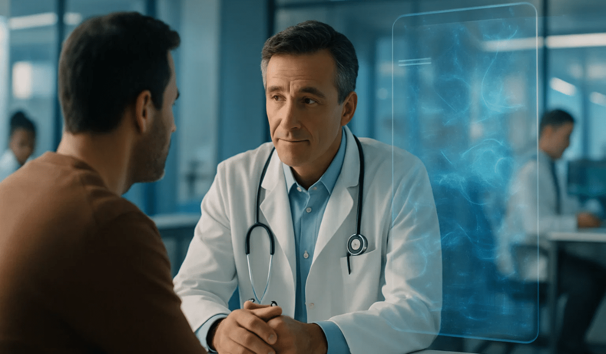 Médecin en consultation avec un patient, assisté par une interface d’intelligence artificielle holographique dans un hôpital moderne — illustration de l’intégration de l’IA dans le soin clinique en 2025.